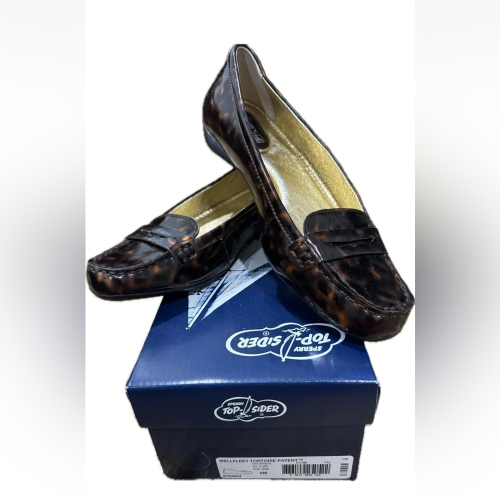Sperry Top-Sider 6 Brown Tortoise Patent Slip On Loafers - w/ Box
